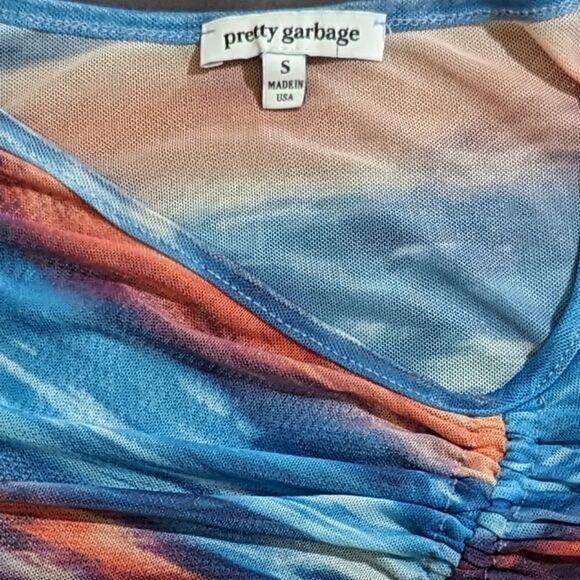 Pretty Garbage Asymmetrical Mesh Long Sleeve Drawstring Crop Top Small Y2K - Picture 6 of 8